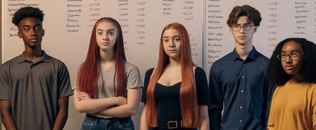 Mostly decorative, computer generated illustration of students standing in a hall in front of lockers.